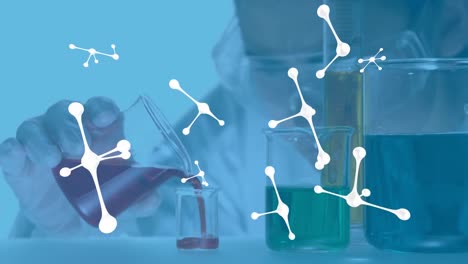 Animation-of-floating-nucleotides-over-caucasian-scientist-carefully-mixing-liquid-in-small-beaker