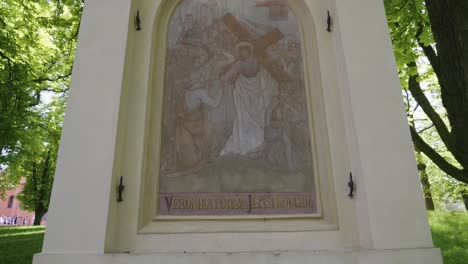 the sixth station of the way of the cross, depicting veronica wiping the face of jesus, located in petřínské sady on petřín hill in prague, czech republic