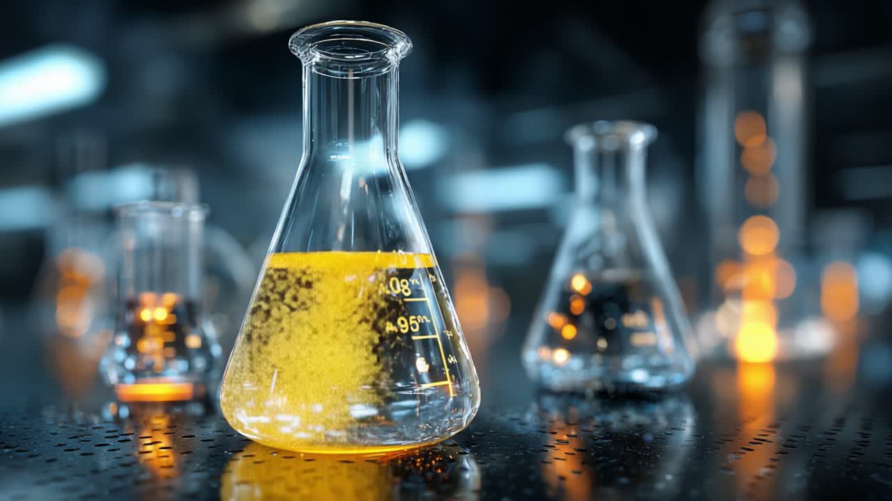 Filmové zkoumání chemie: Laboratorní prostředí představující skleněné nádoby s živě zbarvenými kapalinami přecházejícími z čiré do jantarové, ve vědecky poutavé atmosféře
