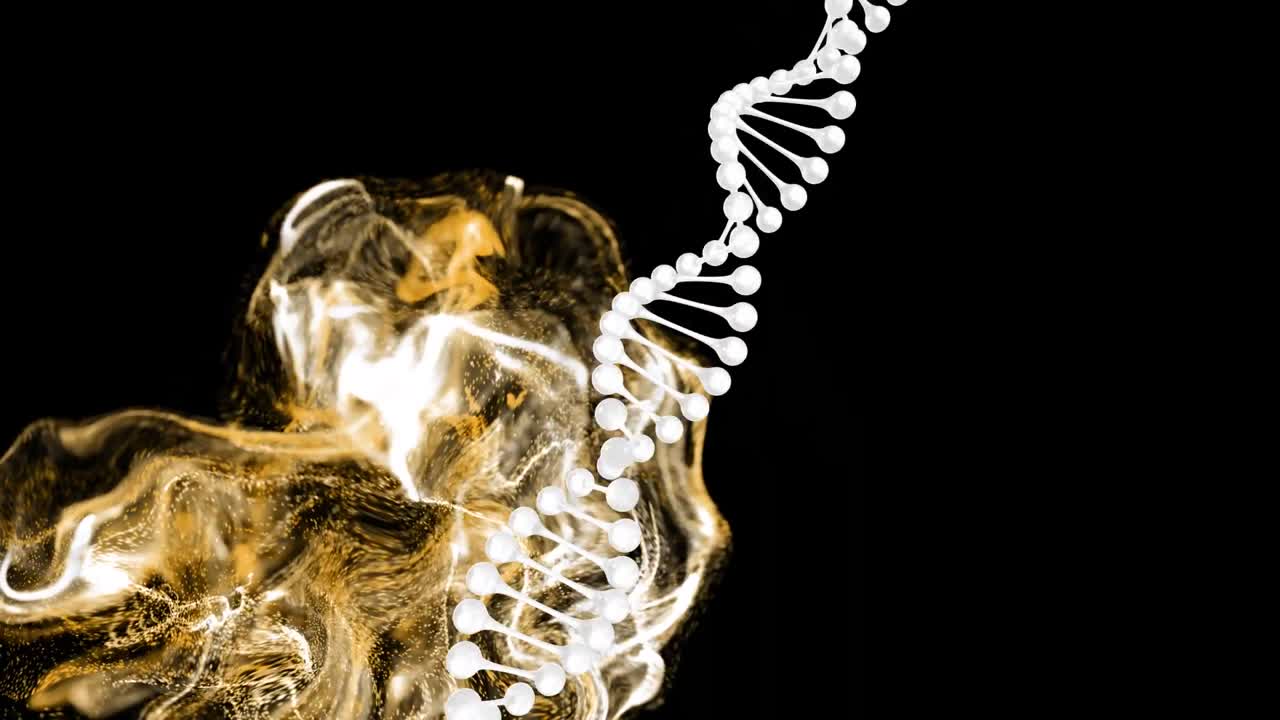 검은색 배경 위에서 동적 파동을 형성하는 색 dna 나선과 점의 애니메이션