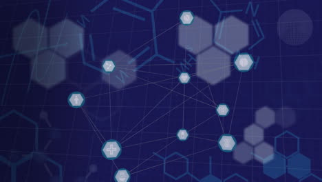 web of connections icons and chemical structures against blue background