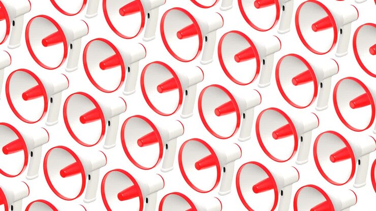 Many megaphones on white background. Loop able 3d animation for background.