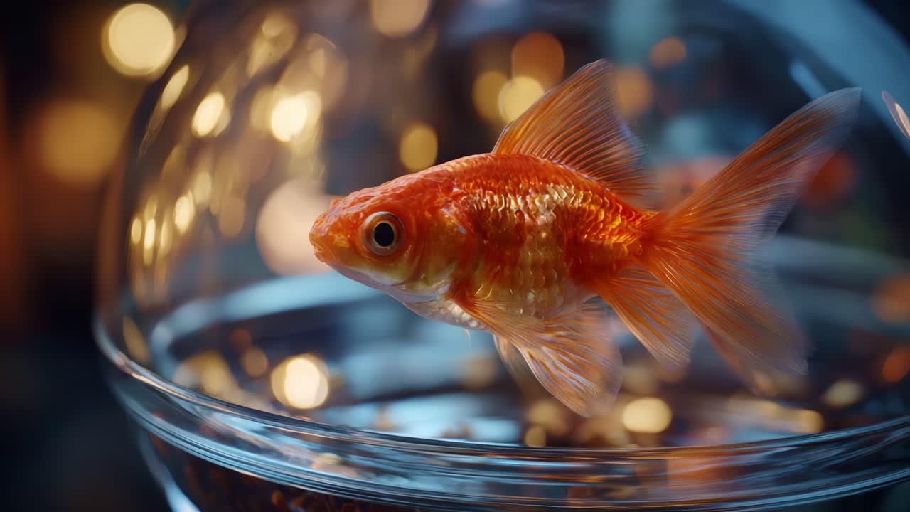 Betagende nærbillede af en guldfisk, der svømmer yndefuldt i en gennemsigtig skål, omgivet af en magisk bokeh-baggrund med blændende lys og farver