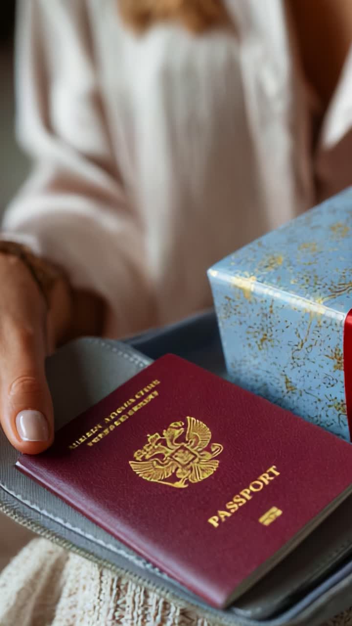 A close-up of a person's hand holding a passport and a beautifully wrapped gift box. The passport features a prominent emblem and signifies travel, while the gift adds a festive touch to the scene