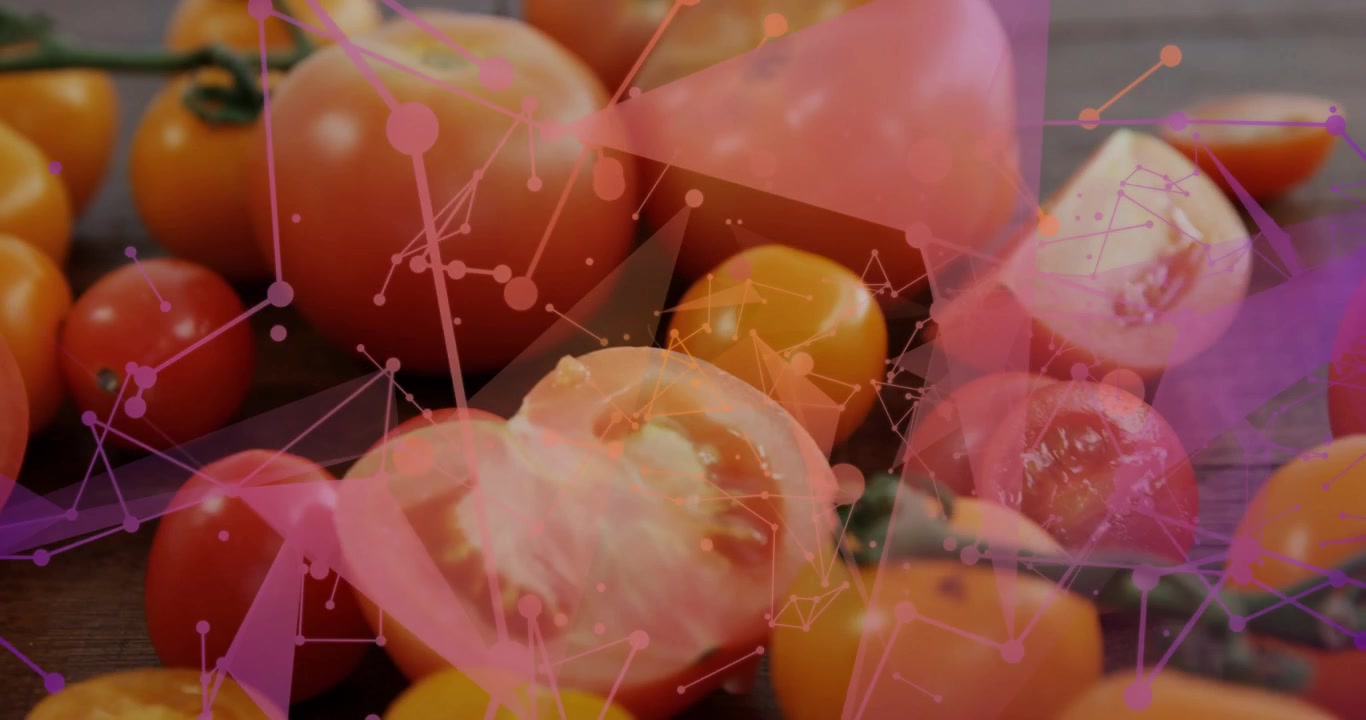 Sovrapposizione rosa-arancio che appare, spingendo la telecamera ad avvicinarsi, mostrando semi di pomodoro dimezzati per una promozione.