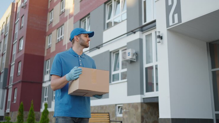 kaukasischer junger hübscher mann, lieferarbeiter in blauer mütze, der auf der straße geht und eine kartonschachtel trägt, während er mit dem smartphone nach einer route sucht. männlicher kurier mit paket-tapping und sms auf dem telefon.