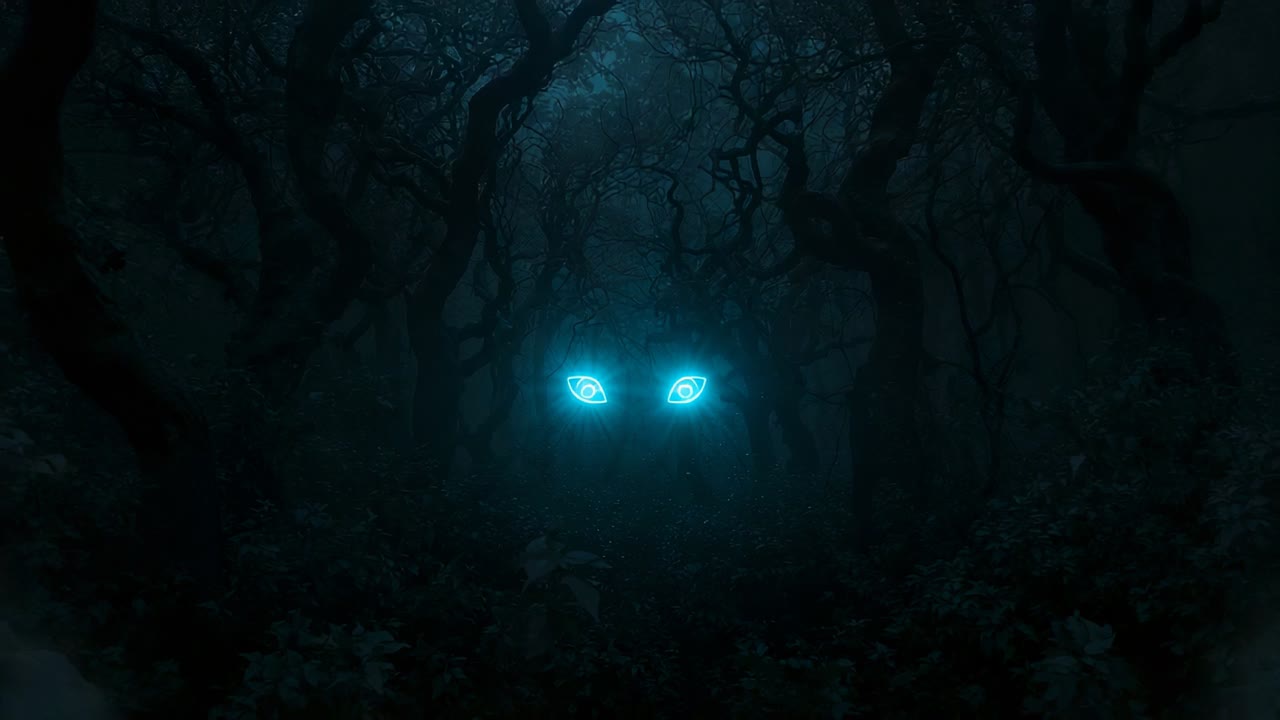 Materializing neon-blue eyes pulsating, drifting particles in moonlit forest, rising swirling fog