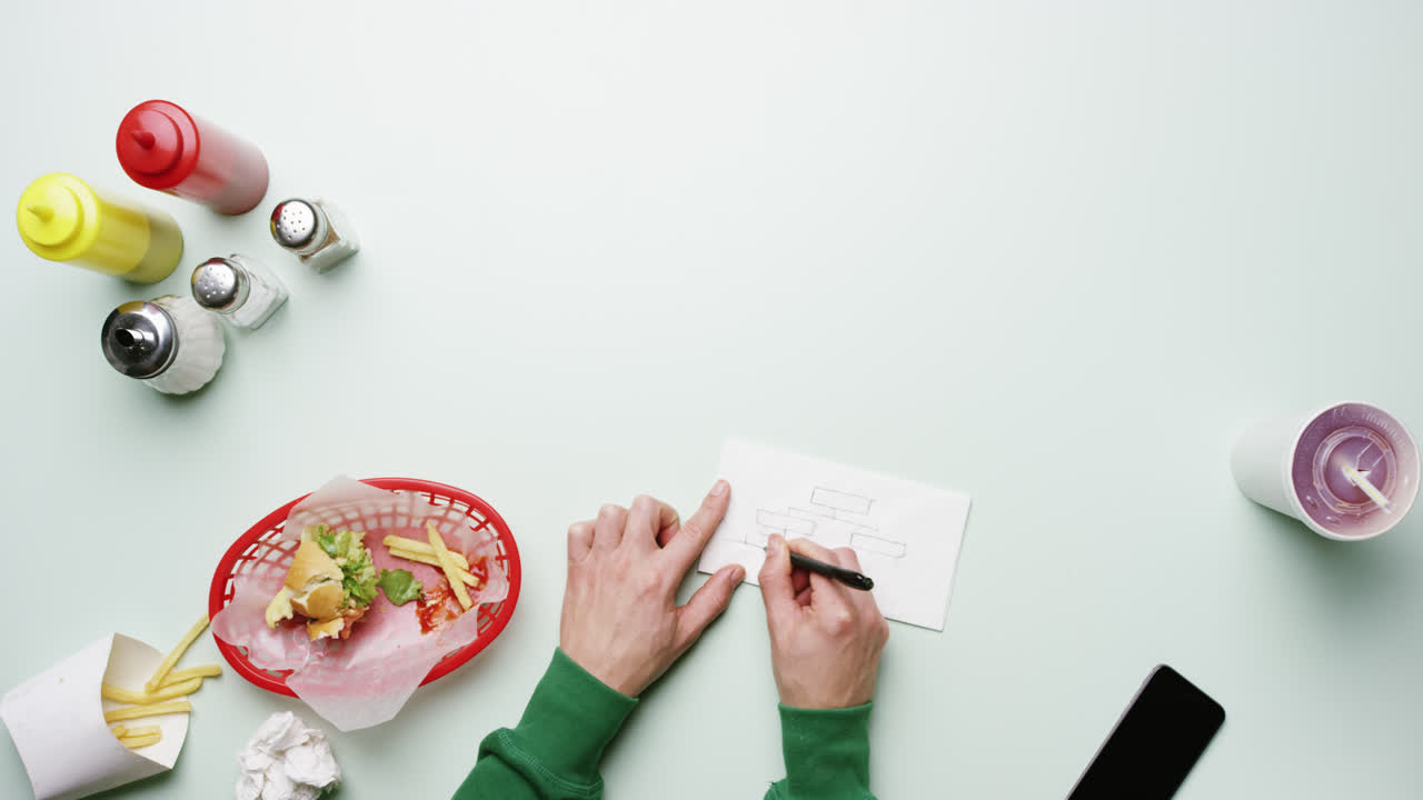 탑 뷰 남자가 아메리칸 다이너 패스트푸드 레스토랑에서  ⁇ 킨에 사업 계획을 스케치하는 위에서 손 - 빨간 서사시 드래곤