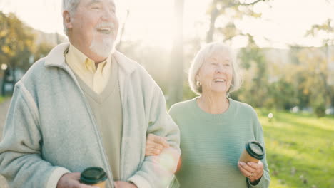 retirement, coffee and an elderly couple walking