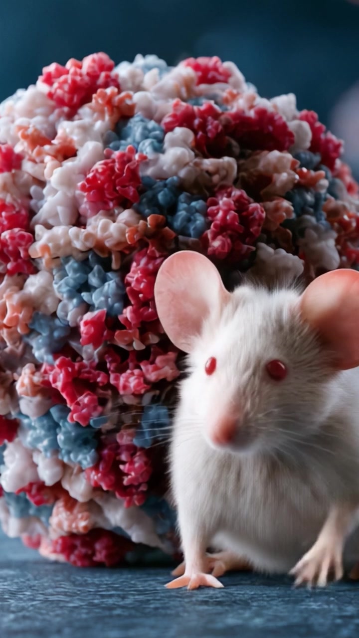 Un incontro ravvicinato: un topo bianco osserva curiosamente una struttura cellulare colorata e texturizzata, evidenziando l'intersezione tra natura e scienza nella ricerca virale