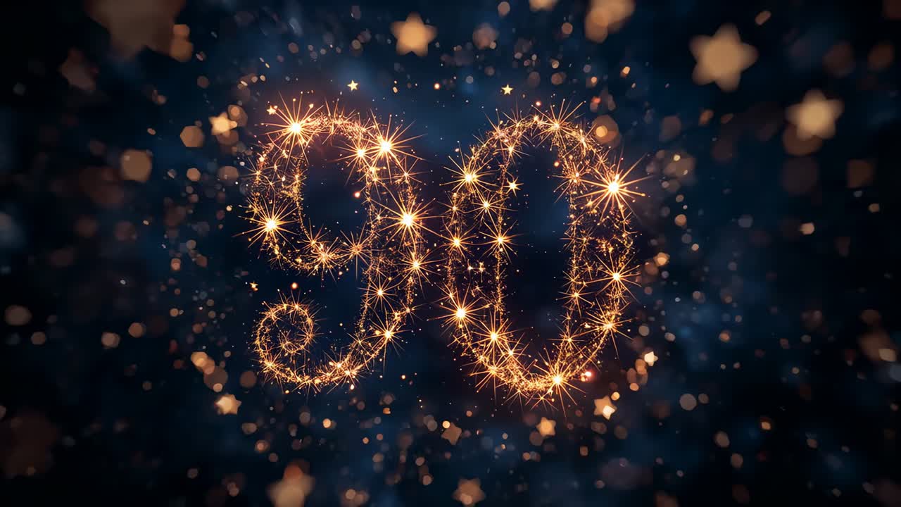 Starting sparks animating golden sparkler numerals 90 on blue backdrop, marking milestone