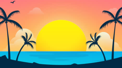 an animation of a paradise tropical beach with lovely sunset