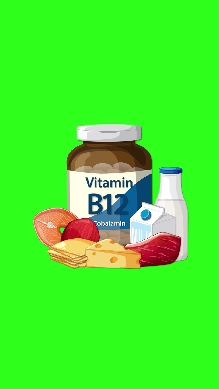 Et, peynir ve sütle birlikte B12 vitamini şişesi parlak yeşil arka plan üzerinde akıcı geçişlerle beliriyor