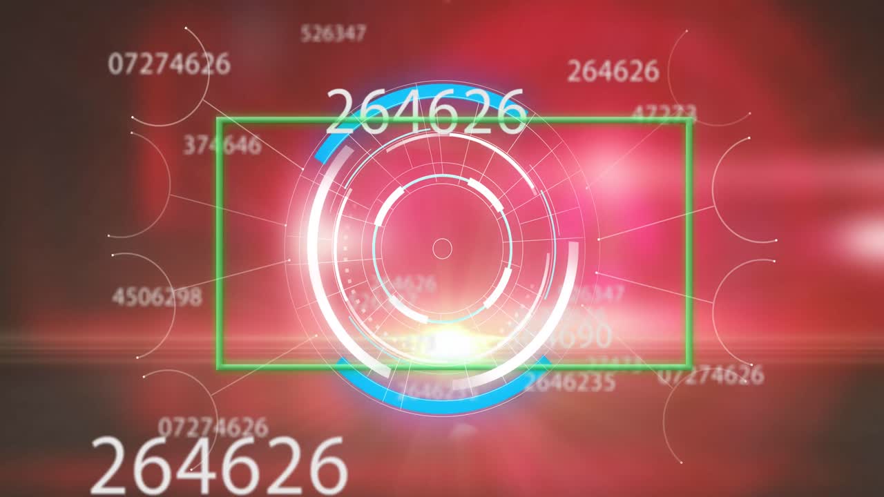 원 위의 녹색 사각형의 애니메이션, 추상적인 배경에 대한 여러 숫자