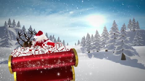 Animación-De-Santa-Claus-En-Trineo-Con-Regalos-De-Navidad-Y-Nieve-Cayendo-En-El-Paisaje-Invernal