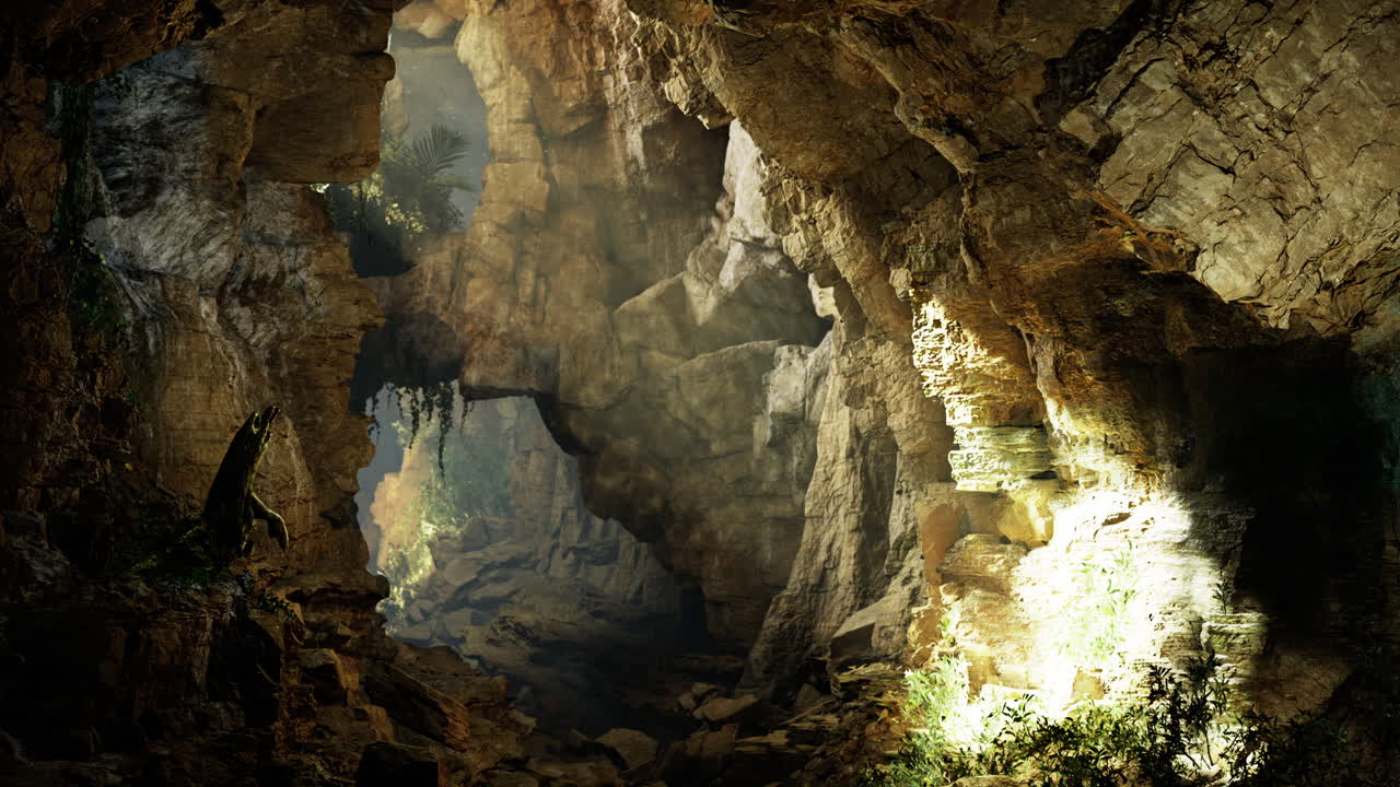 Mysterious cave interior with natural light illuminating ancient rocks
