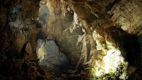 mysterious cave interior with natural light illuminating ancient rocks