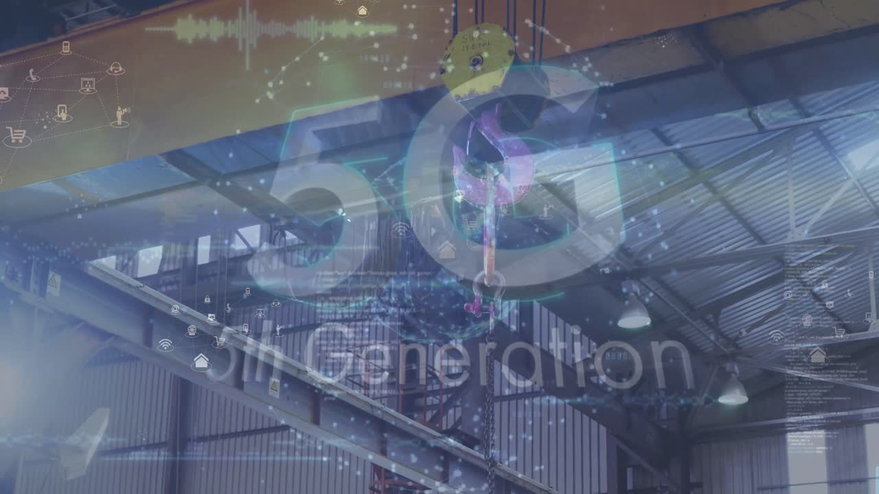 디지털 데이터 처리 및 크레인 위의 5g 텍스트의 애니메이션
