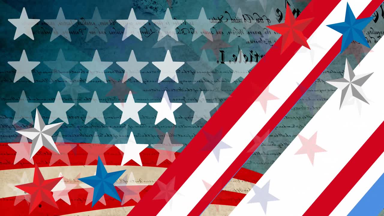 움직이는 빨간색,  ⁇ 색, 파란색 별과 줄무 ⁇ 의 애니메이션 미국 국기 요소의 패턴