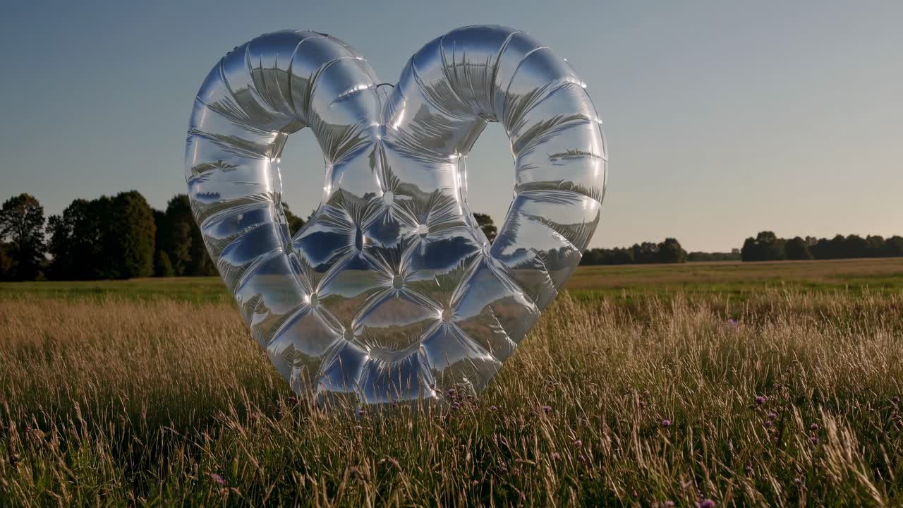 Large inflatable silver heart resting in a field of dry grass at sunset, evoking a romantic and surreal atmosphere filled with warmth and tranquility