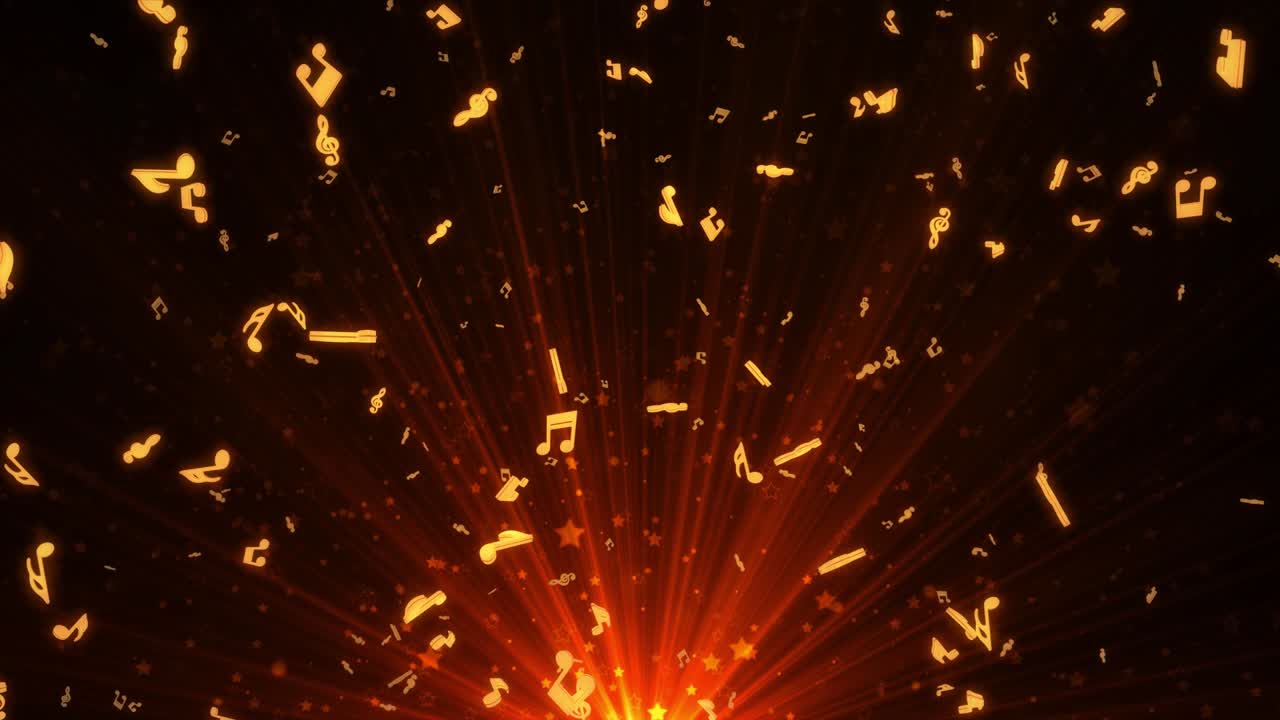 4k 3d 음악 노트, 빛 광선, 황금색과 빨간색 배경, 원활한 루프