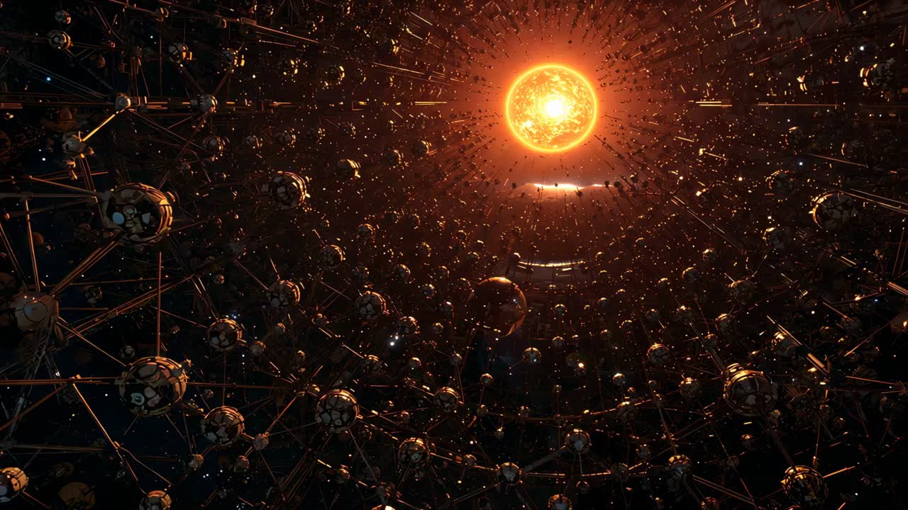 Pushing camera moving forward and upward inside hollow lattice, showing bright star and metal nodes