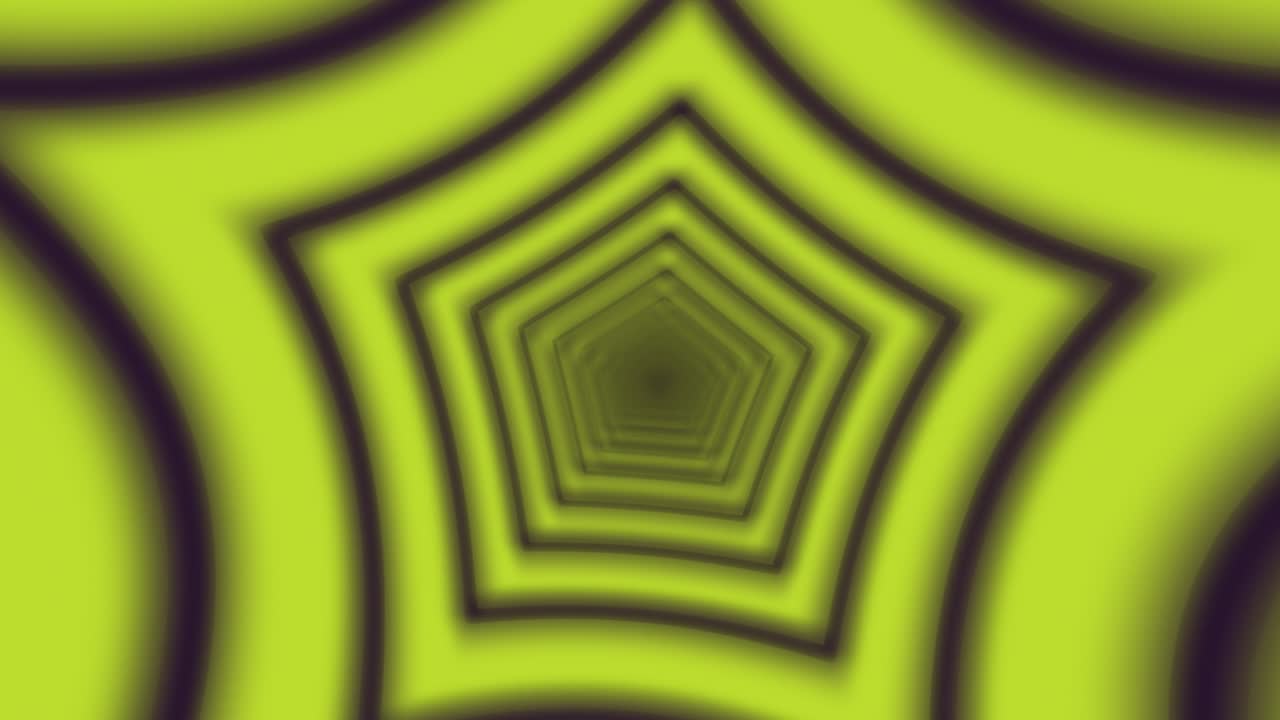 Abstract distorted digital neon polygon shapes tunnel background. Blurred futuristic sparkling animation pattern that moves forward of green and violet changing colors. Technology and cyber concept