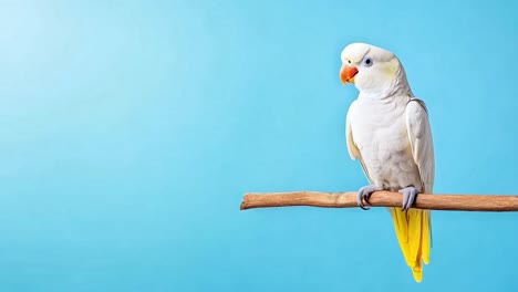 white parrot perched on a branch against a blue background