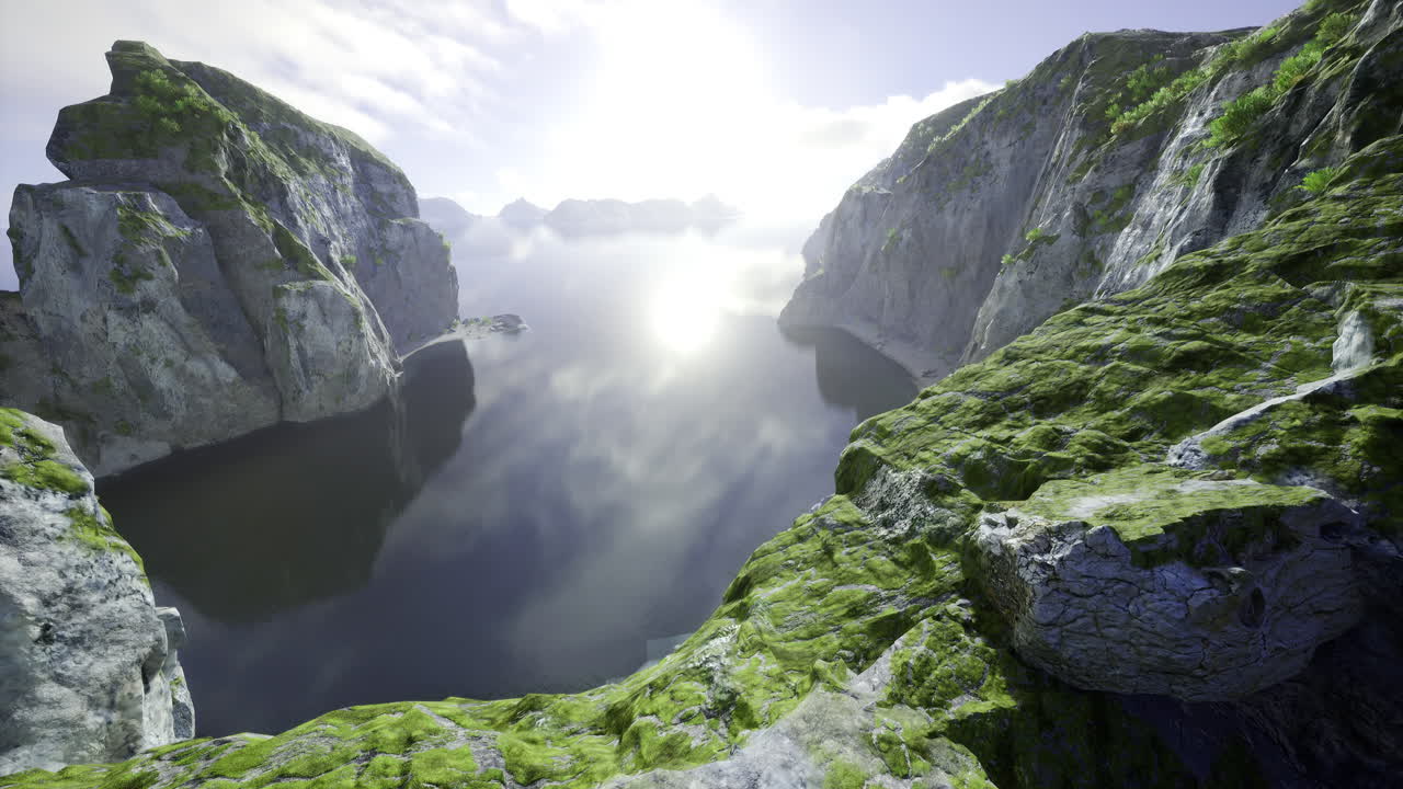 Stunning rocky coastline with vibrant moss and serene water reflections