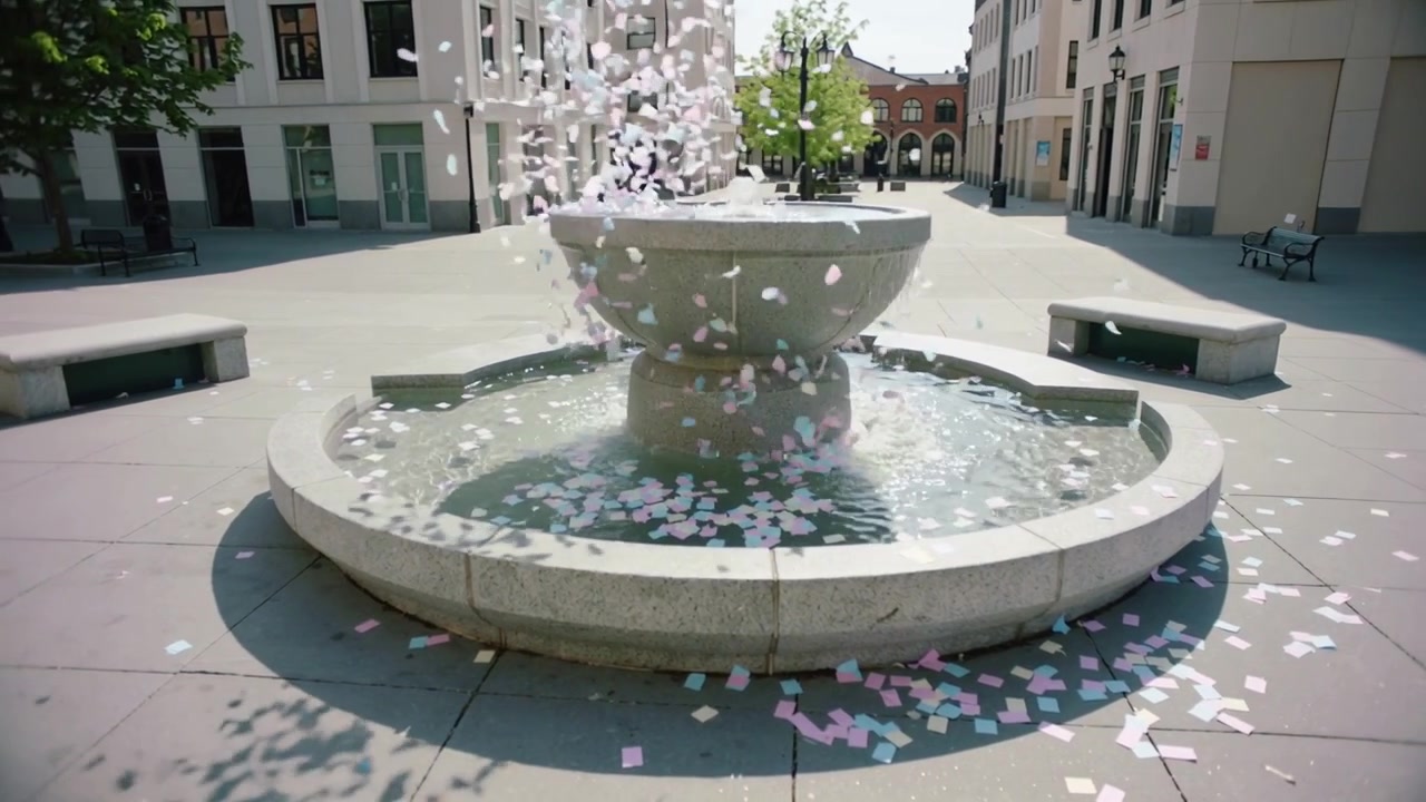 Coriandoli rosa e bianchi che scendono riempiendo una fontana di pietra in una piazza soleggiata, accumulandosi vicino alle panchine