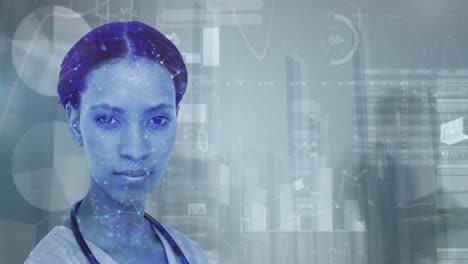 animation of data processing over biracial female doctor