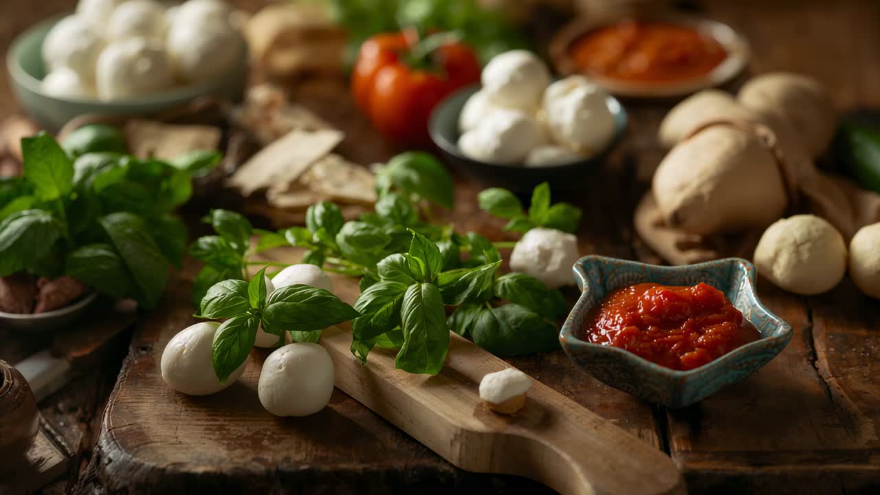 Shifting camera revealing fresh basil and mozzarella on rustic wooden tabletop, for recipe styling
