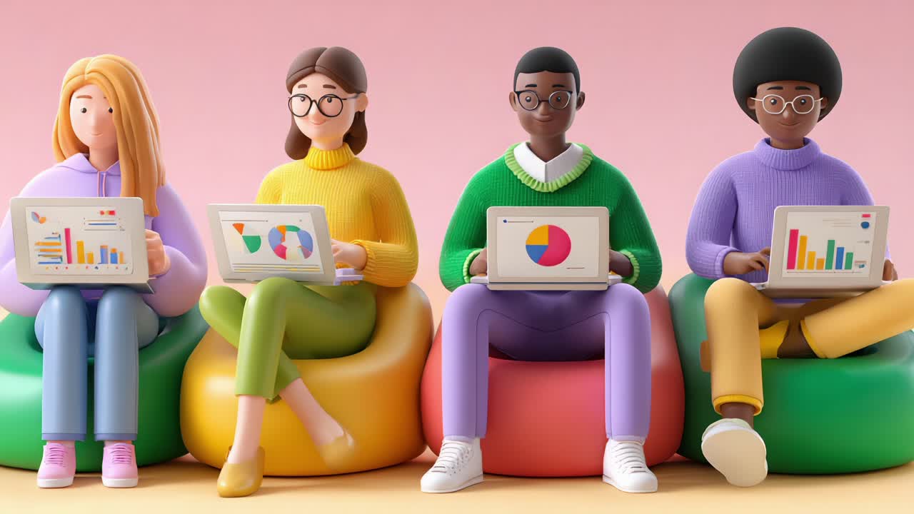 Diverse Group of Young Professionals Collaborating on Data Analysis with Laptops in a Colorful and Creative Workspace Environment, Engaged and Focused on Their Presentations