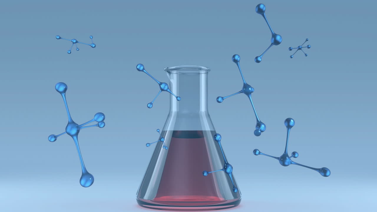 뉴클레오티드와 액체 채워진 컵의 애니메이션은 파란색 배경에 테이블에 있습니다.