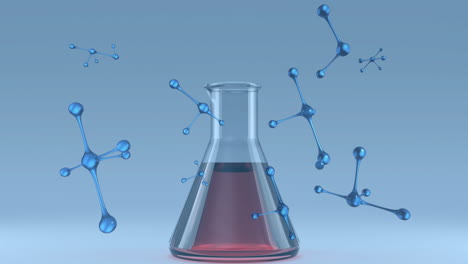 animación de nucleótidos y vaso lleno de líquido en la mesa contra un fondo azul