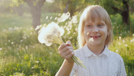 carefree girl plays with a bunch of dandelions having fun in the open air slow motion video