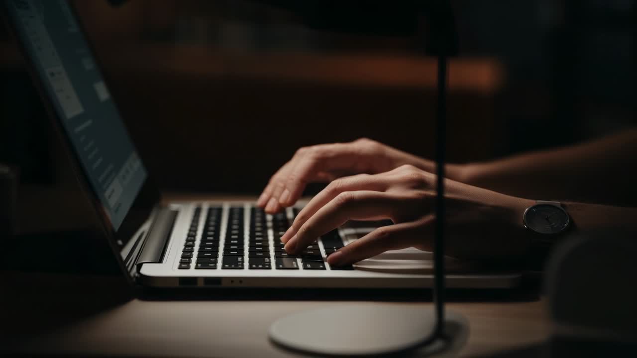 Volwassen persoon met donkere mouwen, vingers in de aanslag, typt op een laptop en werkt aan een bureau met een lamp en polshorloge
