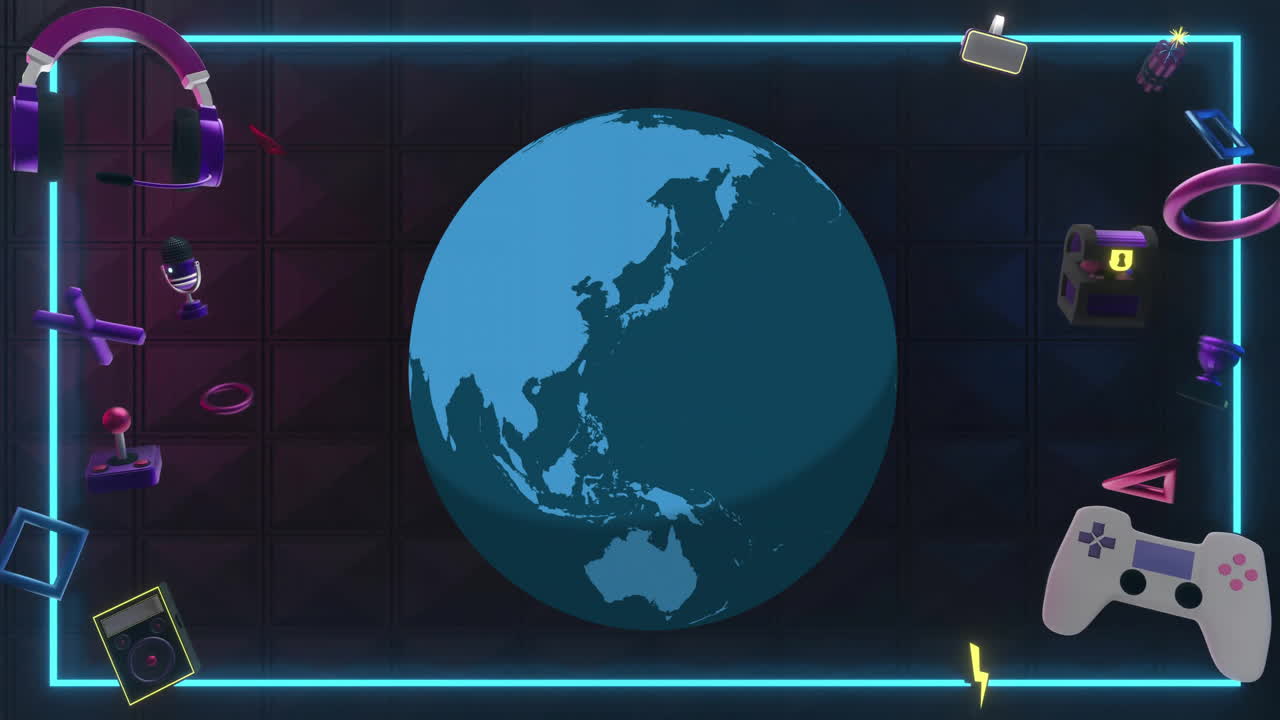 게임 아이콘과 광장 위의 지구의 애니메이션