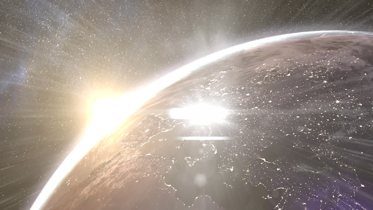 우주에서 회전하는 지구에 대한 밝은 빛의 점의 디지털 애니메이션