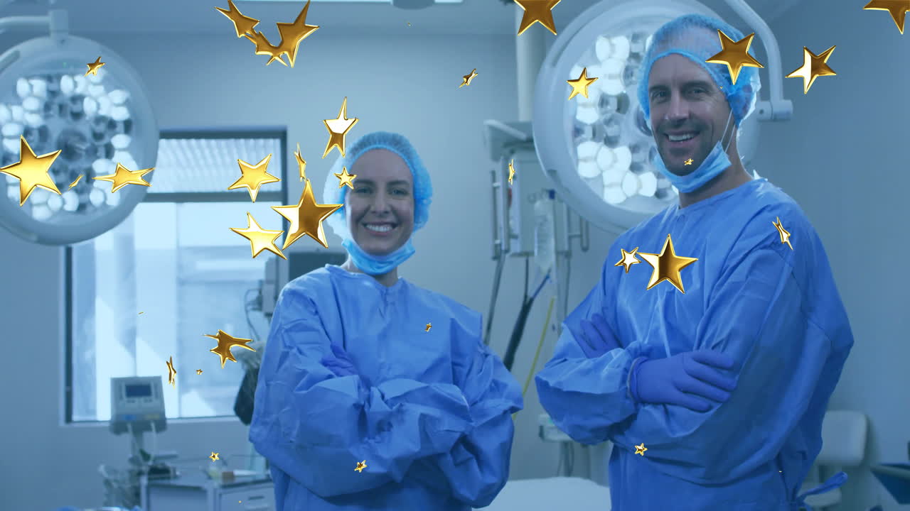 Male and female surgeons posing under surgical lights, displaying gold star animation for health