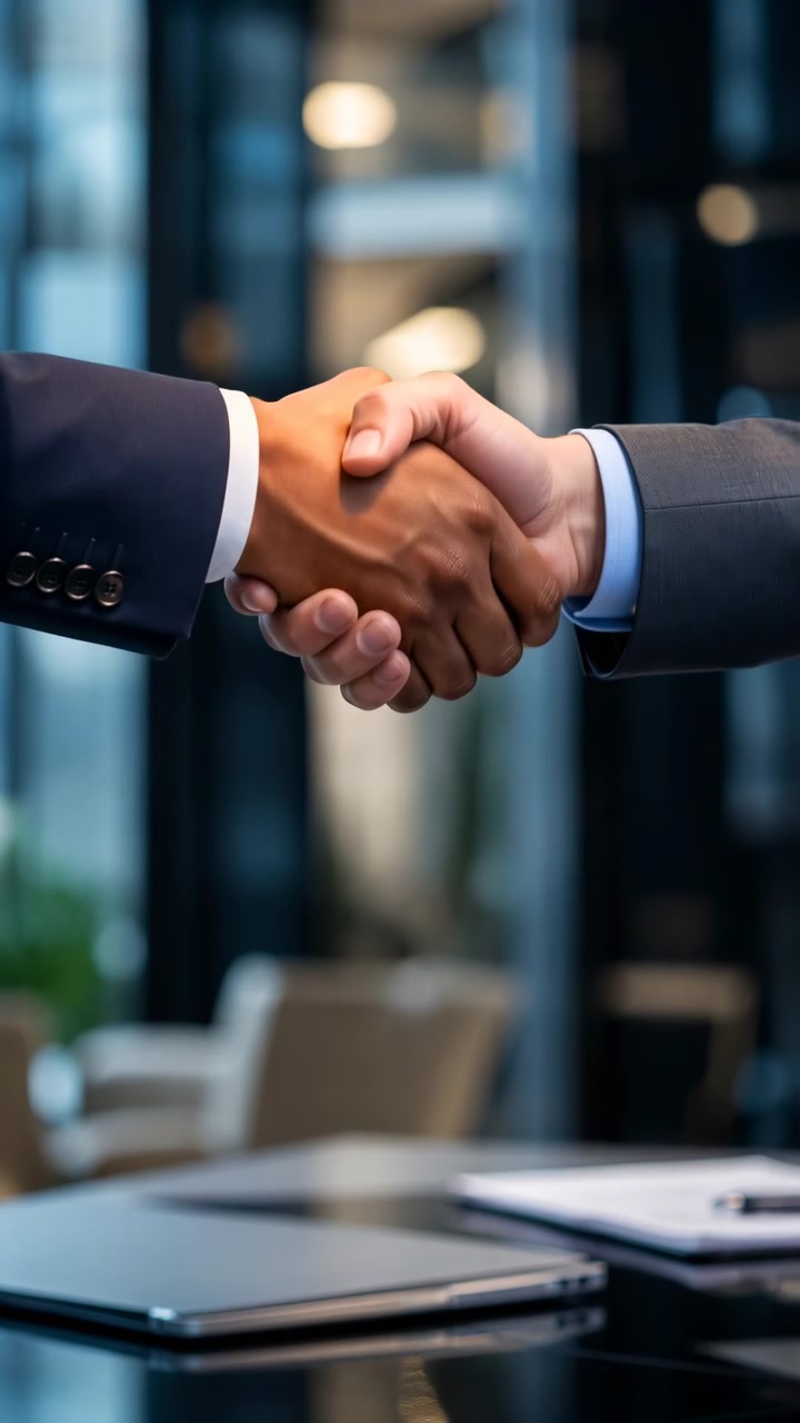 Primo piano di una stretta di mano che sigla un accordo commerciale tra dirigenti bianchi e neri a un moderno tavolo da riunione.