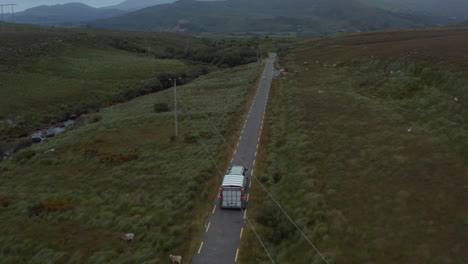 Vorwärtsverfolgung-Des-Autos-Mit-Pferdeanhänger,-Der-Auf-Der-Landstraße-Fährt.-Schafherde-Weidet-Entlang-Der-Straße.-Irland