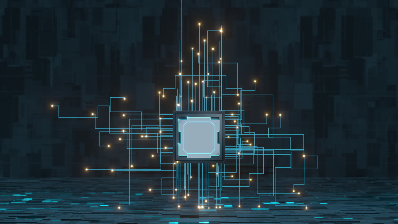 líneas de circuito y chip con fondo negro, renderización 3d.