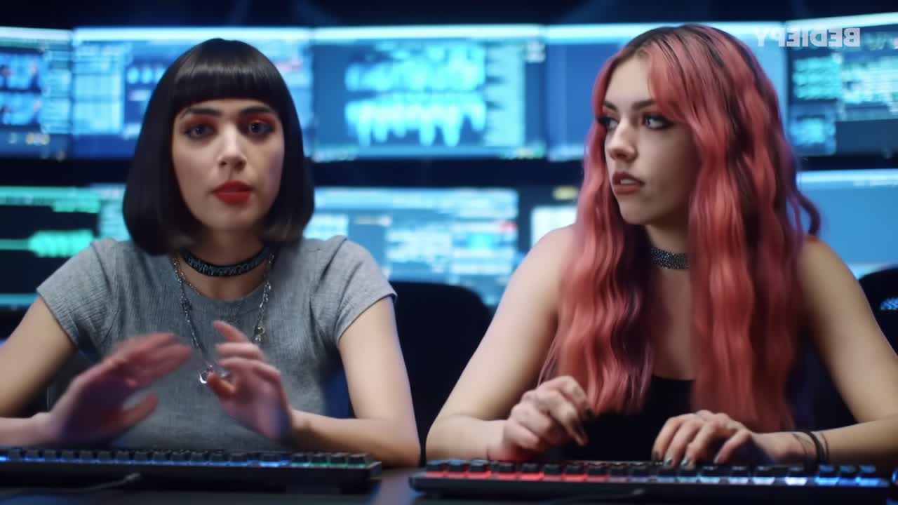 Two Young Women Engaged in Intense Computer Activity in a High-Tech Environment with Action-Packed Visuals Displayed on Multiple Screens Behind Them