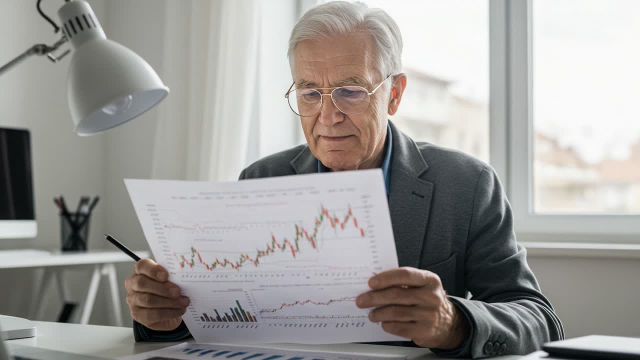 Un uomo anziano analizza rapporti finanziari e grafici di dati in un ufficio ben illuminato, concentrandosi intensamente sulle tendenze di mercato mentre è circondato da un moderno allestimento d'ufficio