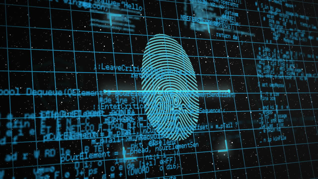Fingerprint scanning and security shield icons, digital security animation