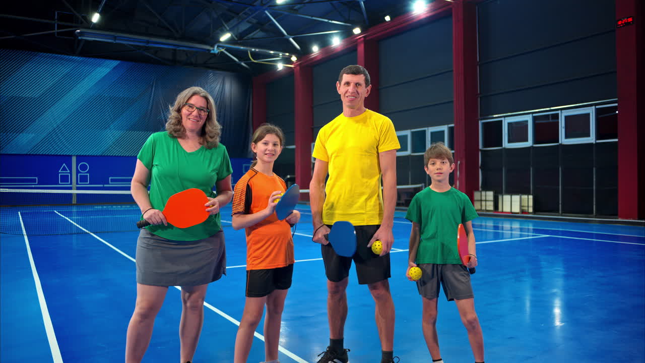 Dos adultos y dos niños posando tras jugar al pickleball en una cancha azul cubierta
