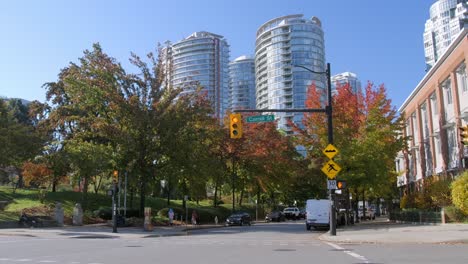 Cars-Traversing-Carrall-Street-in-Vancouver,-British-Columbia,-Canada---Static-Shot