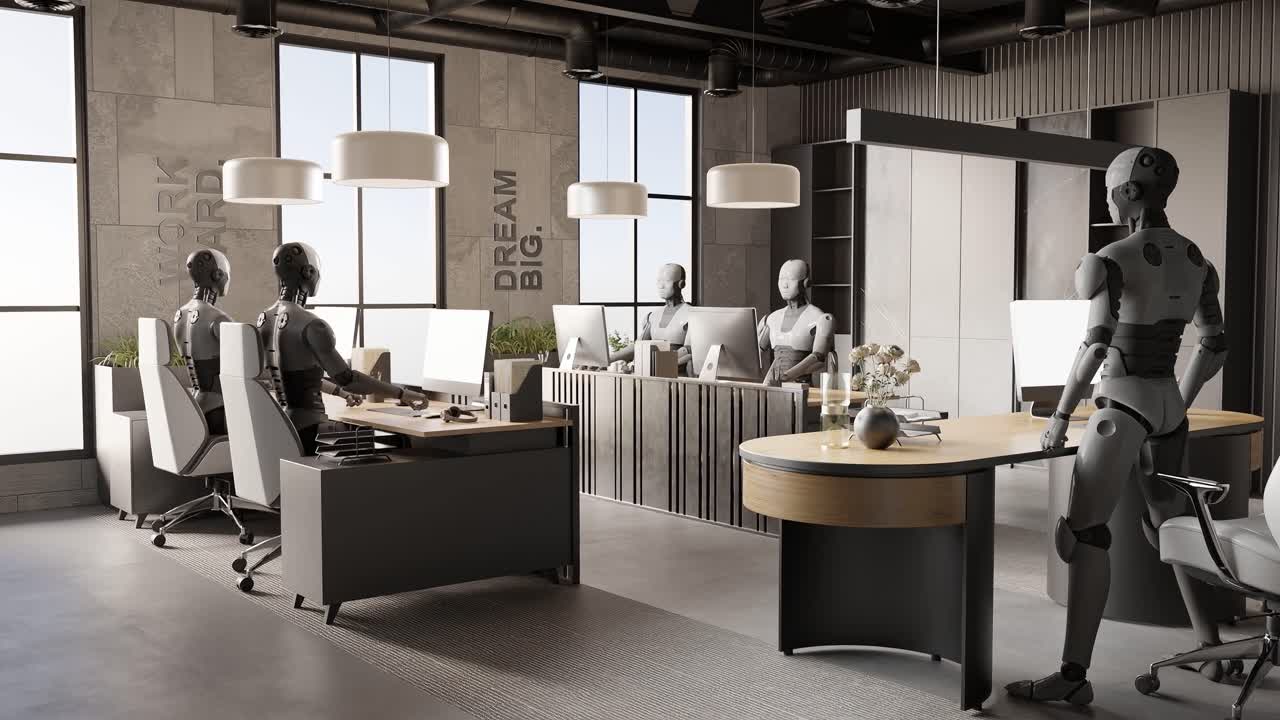 команда 3d-рендеринговой анимации футуристического робота-гуманоида киберработает вместе в офисе с ноутбуком концепция искусственного интеллекта