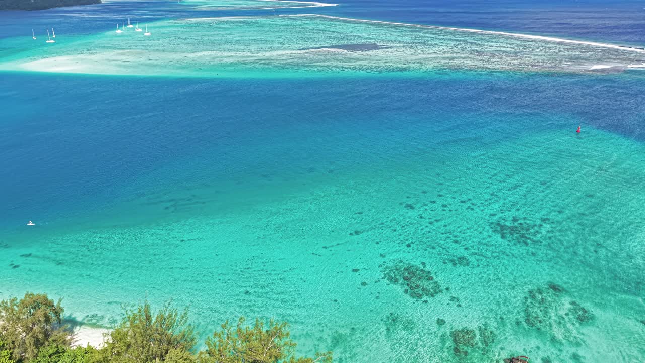Drone Shot of French Polynesia Landscape, Turquoise Lagoon of Huahine Island and Beachfront Buildings